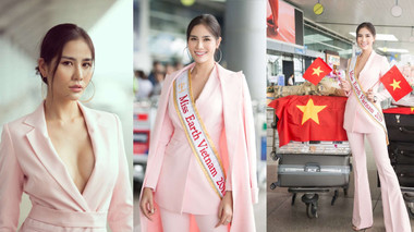 Á hậu Hoàng Hạnh xuất hiện nổi bật với suit xẻ sâu, mang 150 kg hành lý lên đường thi Miss Earth